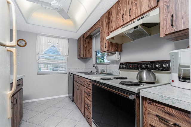 kitchen with stainless steel dishwasher, ceiling fan, sink, white electric range, and light tile patterned flooring