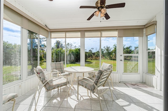 sunroom / solarium featuring ceiling fan