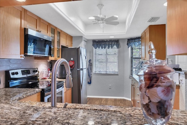 kitchen with appliances with stainless steel finishes, a raised ceiling, ceiling fan, wood-type flooring, and dark stone countertops