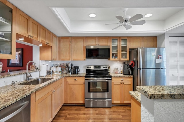 kitchen with light hardwood / wood-style floors, light stone counters, sink, and appliances with stainless steel finishes