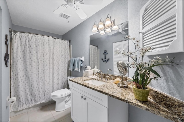 bathroom with tile patterned flooring, vanity, ceiling fan, and toilet