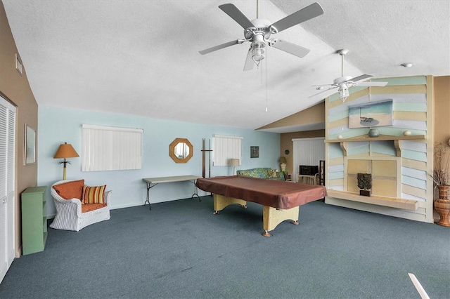 game room featuring lofted ceiling, billiards, ceiling fan, a textured ceiling, and carpet floors