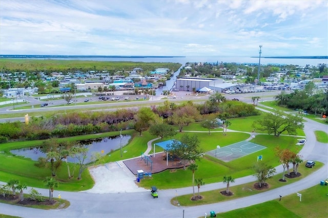 drone / aerial view featuring a water view