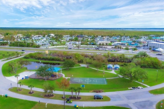 bird's eye view with a water view