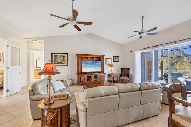 tiled living room with vaulted ceiling and ceiling fan