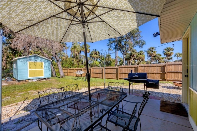 view of patio / terrace with a storage unit