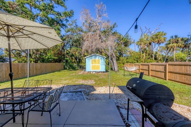 view of patio / terrace featuring a grill and a storage unit