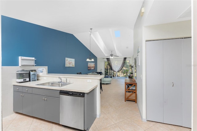 kitchen featuring ceiling fan, dishwasher, sink, hanging light fixtures, and lofted ceiling with beams