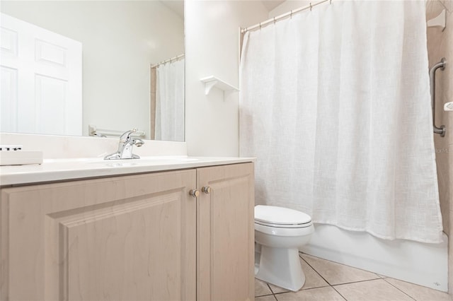 full bathroom with toilet, shower / bath combination with curtain, vanity, and tile patterned floors