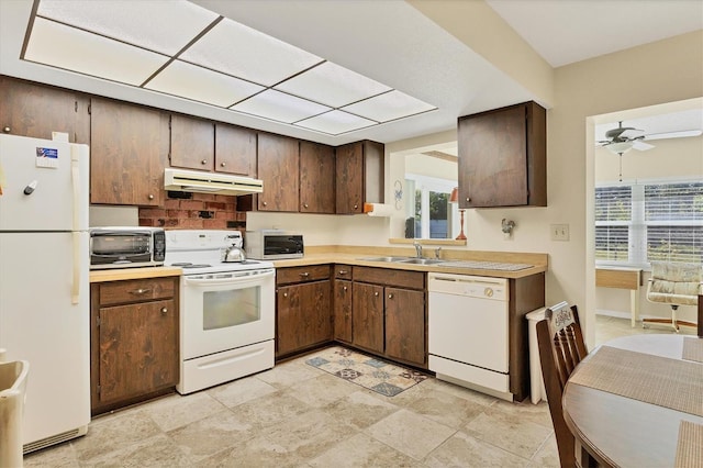 kitchen featuring white appliances, ceiling fan, and sink