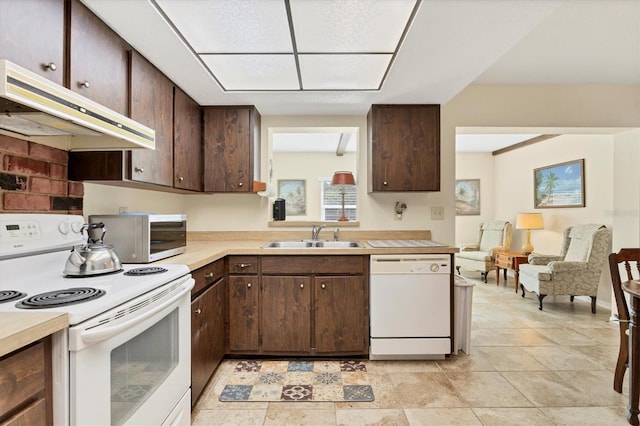 kitchen featuring kitchen peninsula, white appliances, dark brown cabinetry, and sink