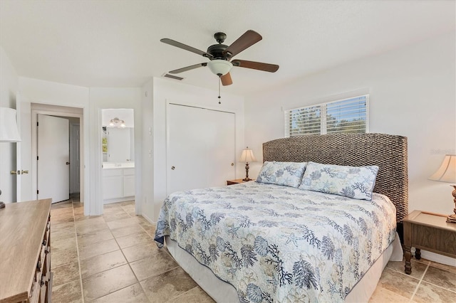 bedroom with ensuite bath, ceiling fan, and a closet