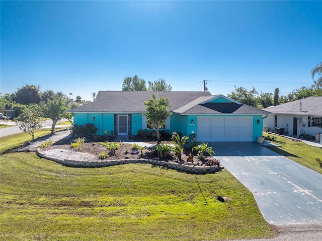 ranch-style home featuring a garage, concrete driveway, a front yard, and stucco siding