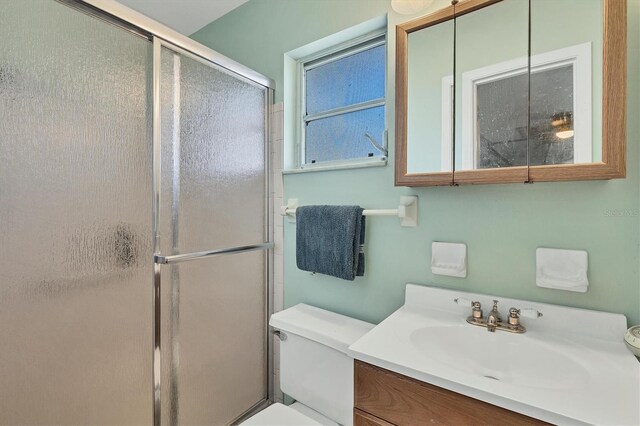 bathroom featuring vanity, toilet, and a shower with door