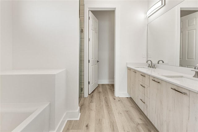 bathroom with a tub to relax in, vanity, and hardwood / wood-style flooring