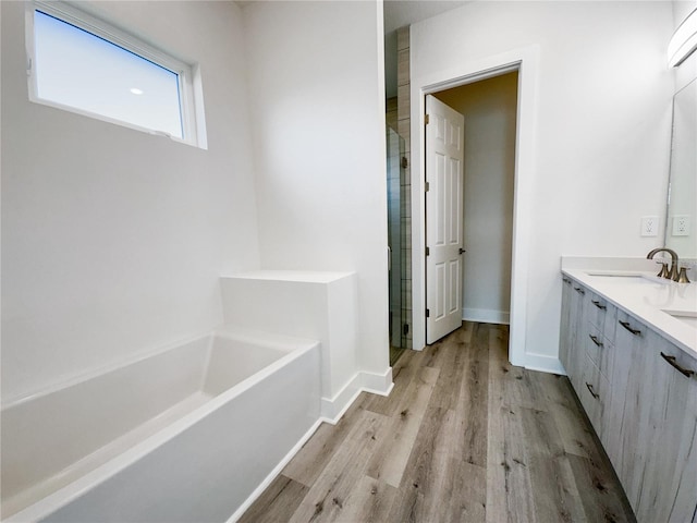 bathroom featuring vanity, wood-type flooring, and shower with separate bathtub