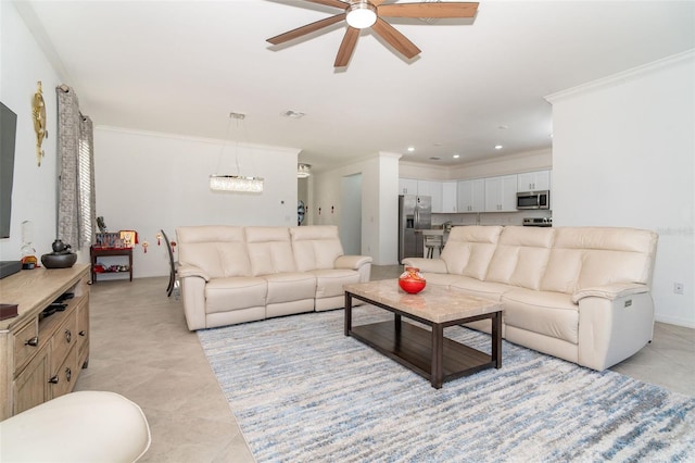 19584 Fishhawk Trl, Venice, FL 34293 - living area with ceiling fan, ornamental molding, light tile patterned flooring, and recessed lighting