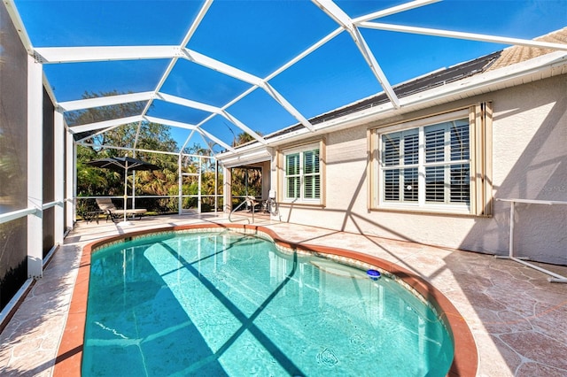 view of swimming pool with a lanai and a patio