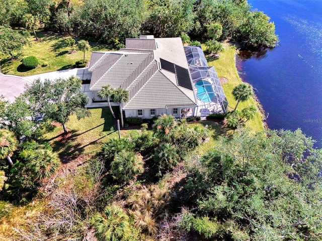 aerial view featuring a water view