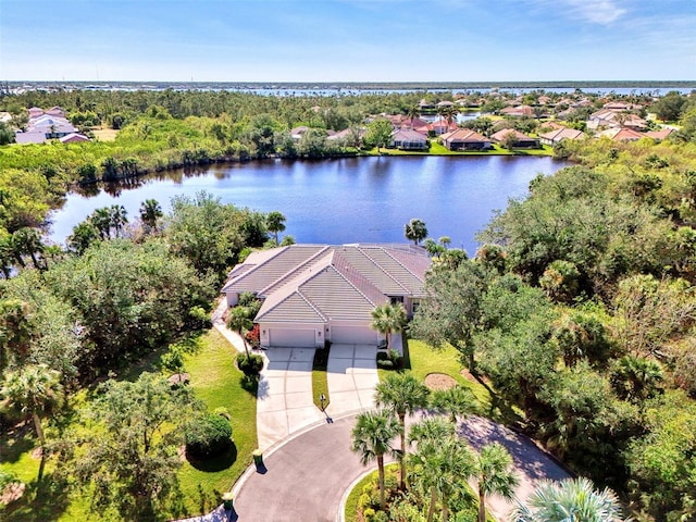 aerial view featuring a water view