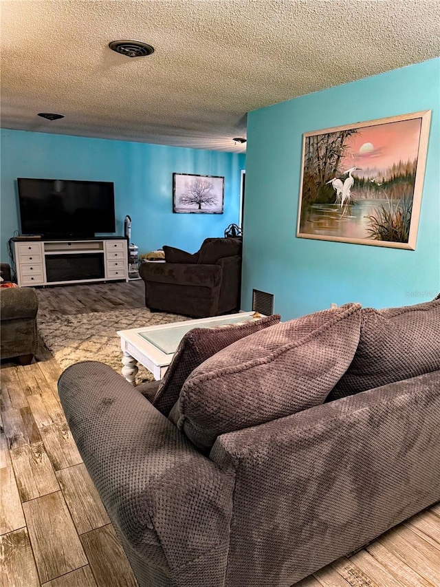 living room with light wood-type flooring and a textured ceiling