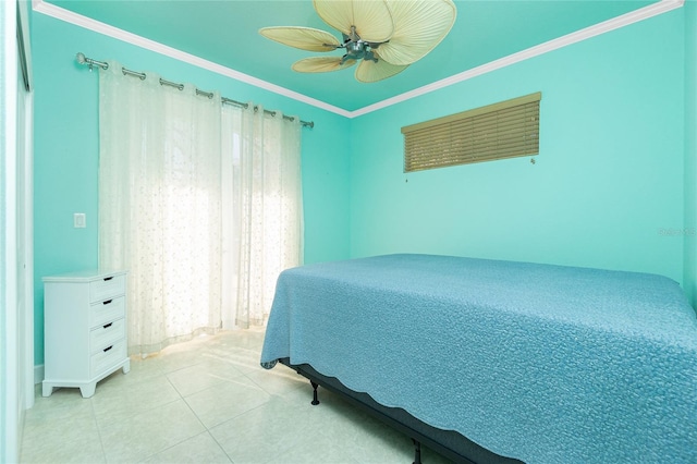 bedroom with ceiling fan, light tile patterned flooring, and crown molding