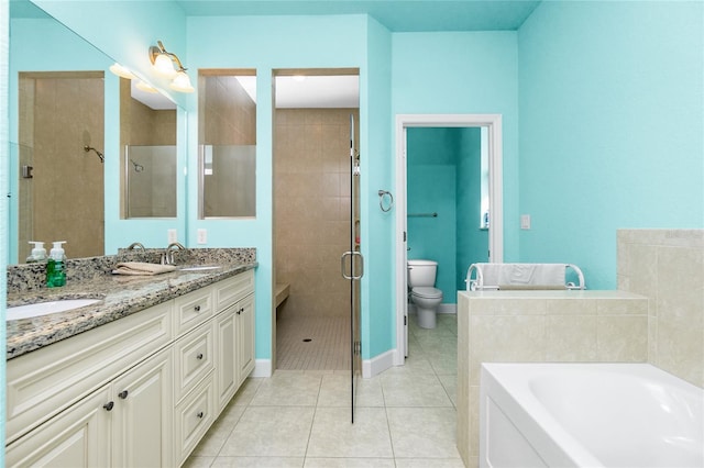 full bathroom featuring tile patterned flooring, vanity, toilet, and plus walk in shower