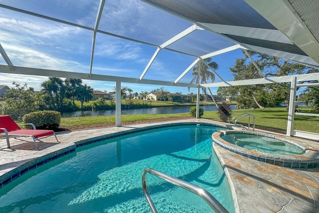 view of swimming pool featuring a water view, a lanai, a yard, an in ground hot tub, and a patio