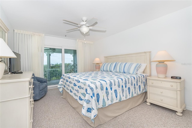 carpeted bedroom featuring access to outside and ceiling fan