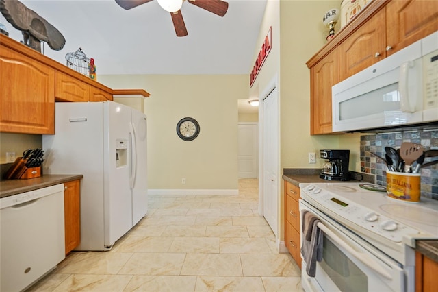 kitchen with backsplash, ceiling fan, and white appliances