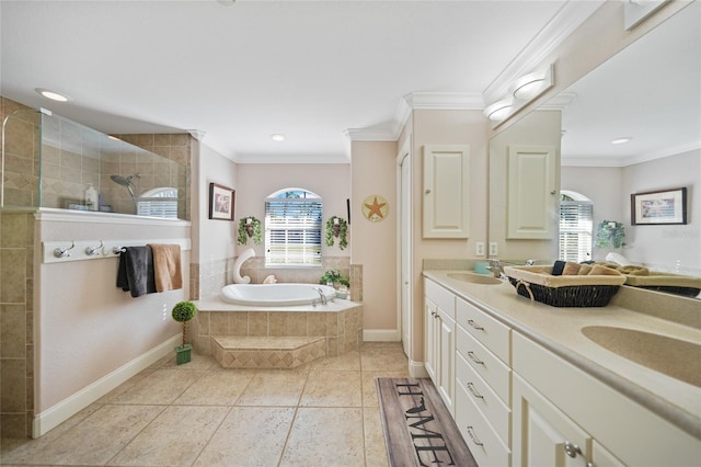 bathroom featuring tile patterned floors, separate shower and tub, crown molding, and vanity