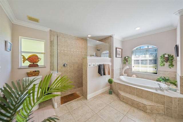 bathroom featuring tile patterned flooring, shower with separate bathtub, and ornamental molding