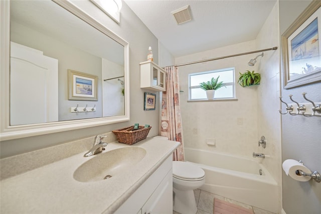 full bathroom with tile patterned flooring, vanity, toilet, and shower / tub combo