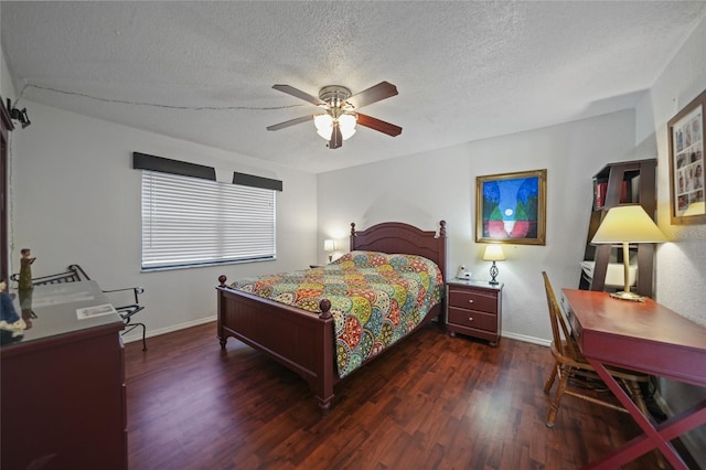 bedroom featuring ceiling fan, dark hardwood / wood-style floors, and a textured ceiling