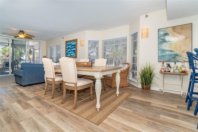 dining space with plenty of natural light, light hardwood / wood-style floors, and ceiling fan