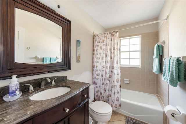 full bathroom with tile patterned flooring, vanity, shower / bath combination with curtain, and toilet