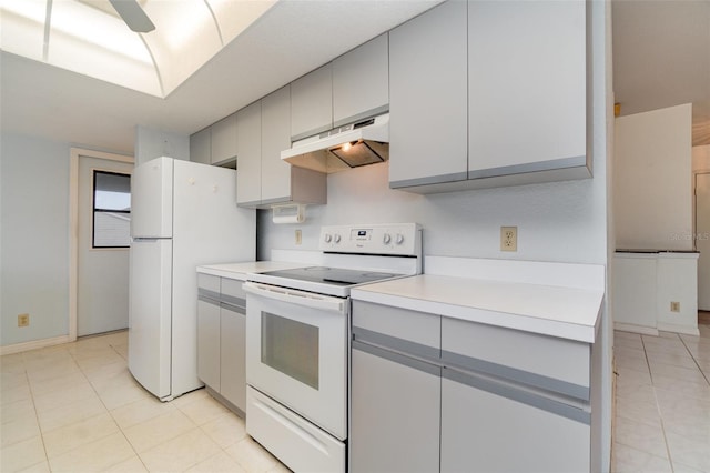 kitchen with gray cabinetry and white appliances