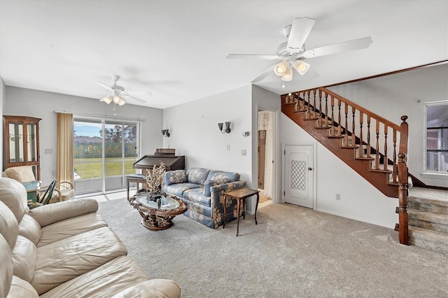 living room featuring ceiling fan and carpet flooring