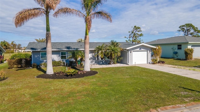 single story home featuring a front yard and a garage