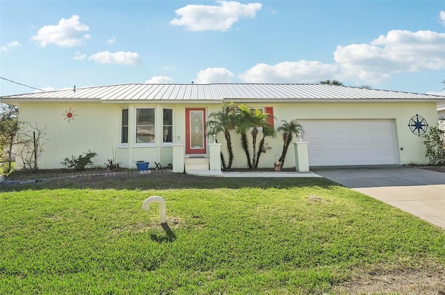 single story home with a garage and a front lawn