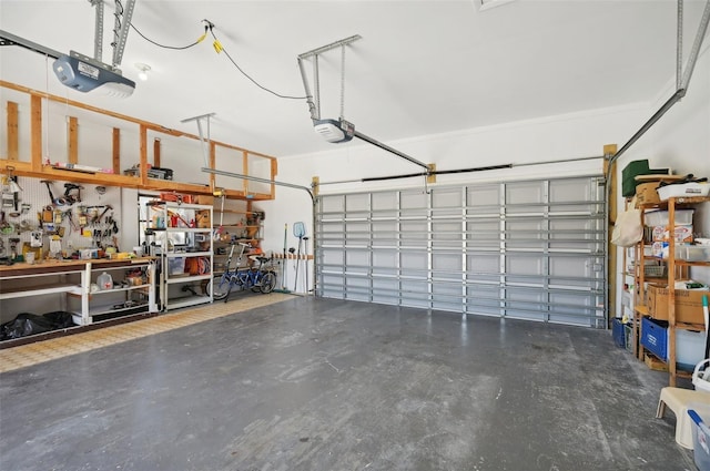 garage featuring a workshop area and a garage door opener