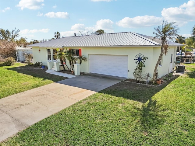 ranch-style home featuring central air condition unit, a front lawn, and a garage