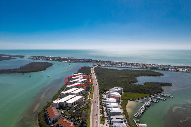 bird's eye view with a water view