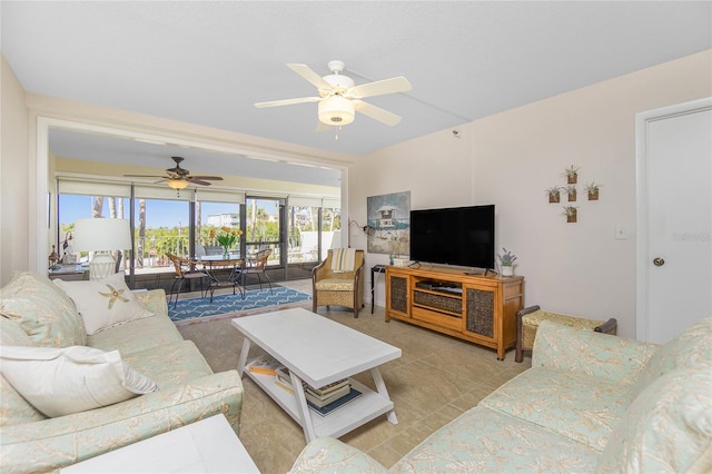 living room featuring ceiling fan