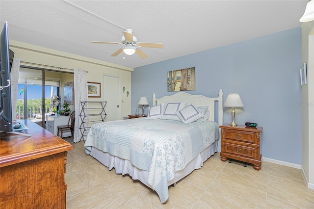 bedroom with access to outside, ceiling fan, and a textured ceiling