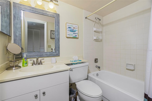 full bathroom with vanity, toilet, and shower / bathtub combination with curtain