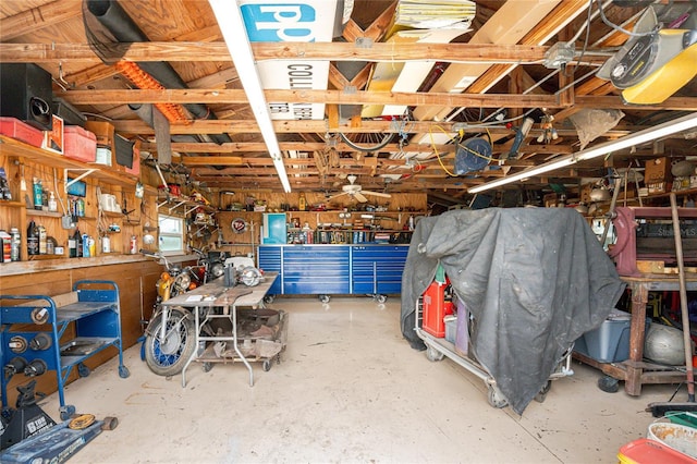 garage with a workshop area