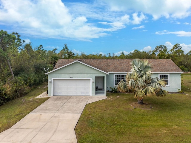 ranch-style home with a garage and a front lawn