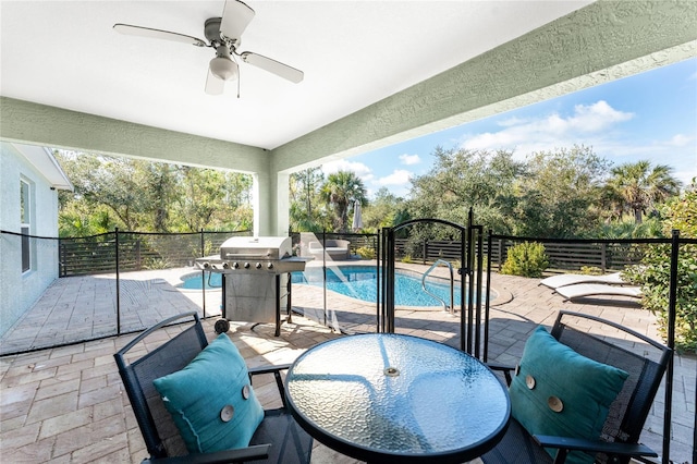 view of pool with a grill and ceiling fan