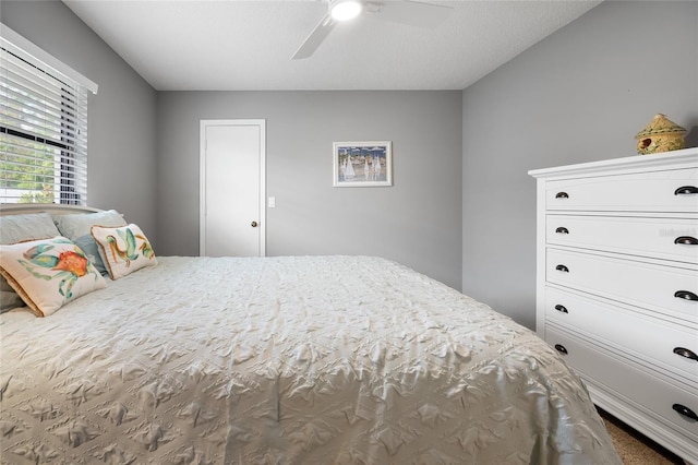 bedroom featuring a textured ceiling and ceiling fan